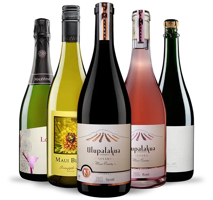 Group of MauiWine bottles including estate, Rose Ranch and pineapple wines