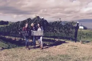 Historic photo of three people holding a sign in the vineyard