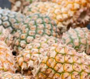 Close-up of ripe pineapples stacked together