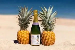 Bottle of Hula o Maui sparkling pineapple wine between two pineapples on the beach