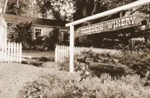 Historic photo of the Tedeschi Winery sign and gardens