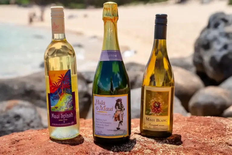 Maui Blanc, Hula o Maui and Maui Splash pineapple wines on the beach
