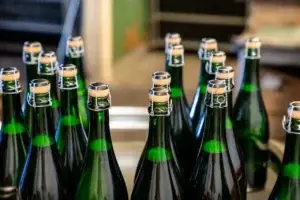 Freshly filled sparkling wine bottles awaiting corks