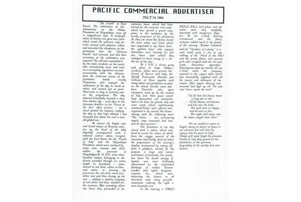 Pacific Commercial Advertiser newspaper article from the 1800s