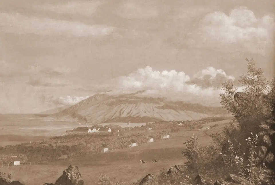 Sepia view of the Ulupalakua sugar plantation lands sloping toward the sea