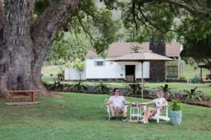 Couple tasting wine under the camphor tree on the historic estate lawn