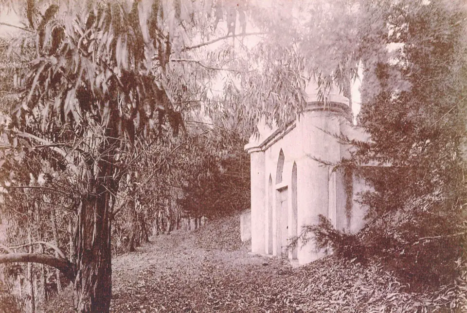 Historic photo of Captain Makee's white tomb among the trees at Ulupalakua