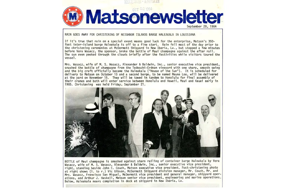 Matson newsletter article about the christening of the ship Haleakala