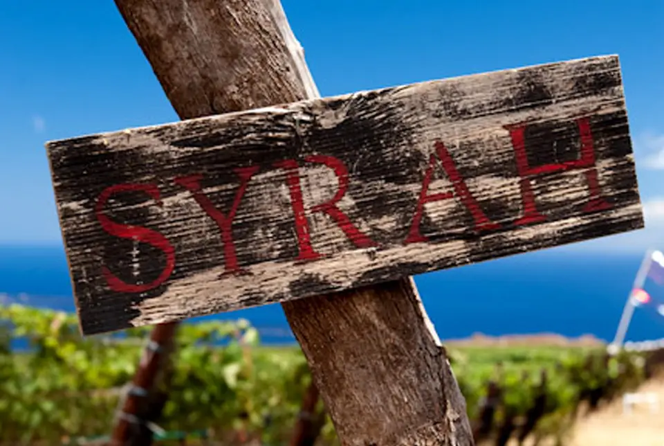 Weathered wooden Syrah sign in the MauiWine vineyard