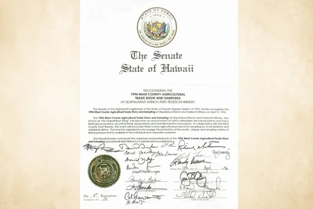 Hawaii State Senate certificate recognizing MauiWine